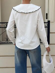 SHEIN Tween Girls 1pc Girls' Ruffle Collar Contrast Trim Blouse Long Sleeve Casual Top Autumn Design Elegant Vacation Wear Tween Girl Clothes Fall Clothes,F - White - View 8
