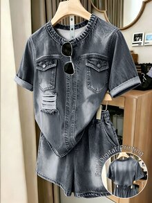EMERY ROSE Plus Size Summer Casual Denim Effect Print T-Shirt & Shorts 2 Pieces Set - Multicolor - View 1