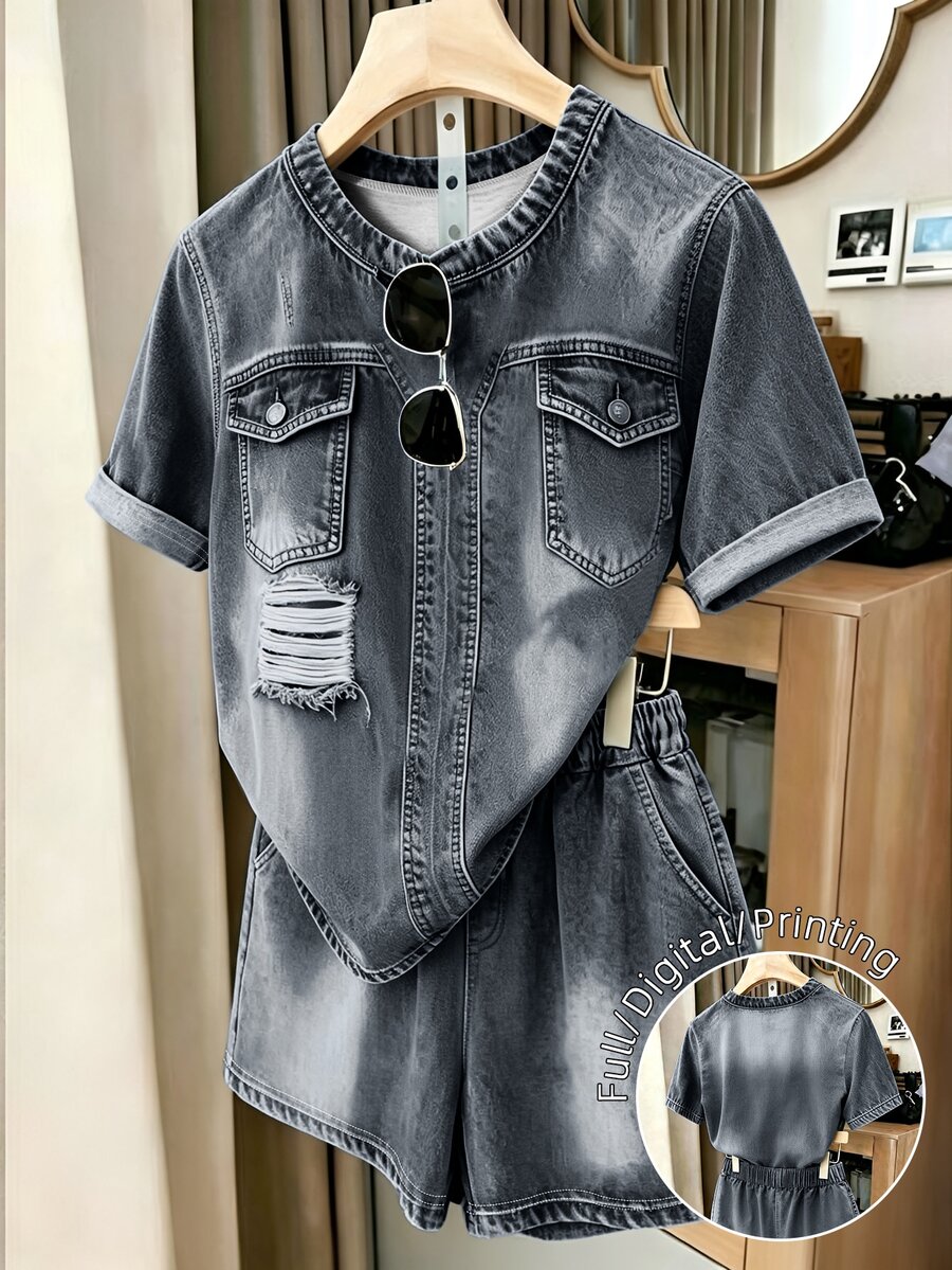 EMERY ROSE Plus Size Summer Casual Denim Effect Print T-Shirt & Shorts 2 Pieces Set - Multicolor - View 1