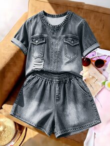 EMERY ROSE Plus Size Summer Casual Denim Effect Print T-Shirt & Shorts 2 Pieces Set - Multicolor - View 4