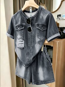 EMERY ROSE Plus Size Summer Casual Denim Effect Print T-Shirt & Shorts 2 Pieces Set - Multicolor - View 3