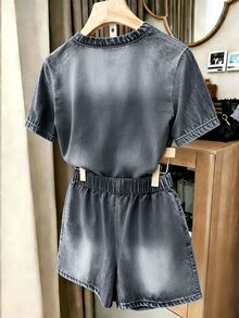 EMERY ROSE Plus Size Summer Casual Denim Effect Print T-Shirt & Shorts 2 Pieces Set - Multicolor - View 2