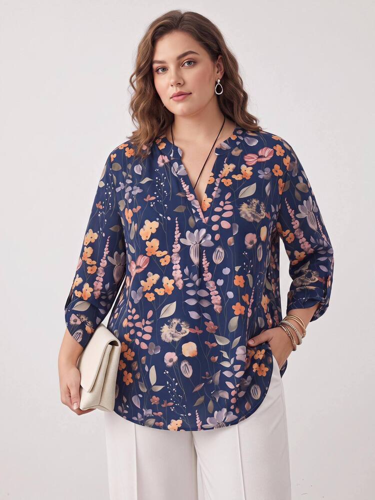 Rosumi Plus Size Women's Vintage Floral Print Blouse For Vacation Autumn Going Out Top Resort Everyday Spring Fall - Multicolor - View 1