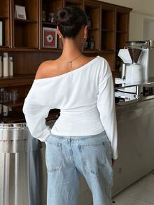 Muchica Women's New Autumn White Solid Color Knitted Off-Shoulder Ruched Waist Long Sleeve T-Shirt For Going Out, Streetwear, Y2K,Fall Clothes - White - View 2