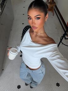 Muchica Women's New Autumn White Solid Color Knitted Off-Shoulder Ruched Waist Long Sleeve T-Shirt For Going Out, Streetwear, Y2K,Fall Clothes - White - View 3