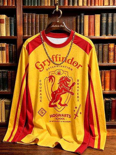 HARRY POTTER X SHEIN Aesthetic Post Men's Autumn Casual Colorblock Patchwork Lion Print T-Shirt
