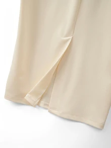 Penseblé 女款淺杏色小V領單排蘑菇扣拼接雪紡袖洋裝，下擺開衩，優雅知性小眾通勤連身裙 - 杏色 - 查看 5