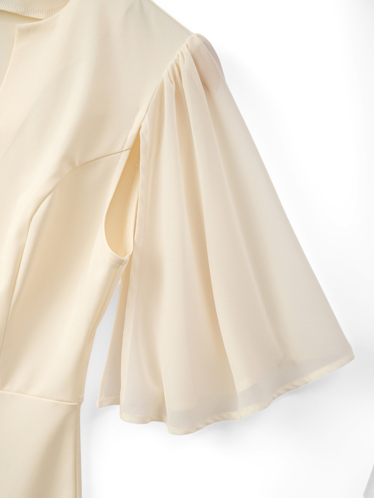 Penseblé Women's Light Apricot Small V-Neck Single Row Mushroom Button Patchwork Chiffon Sleeve Dress With Hem Slit, Elegant Sophisticated Design Niche Commuter Dress - Apricot - View 7
