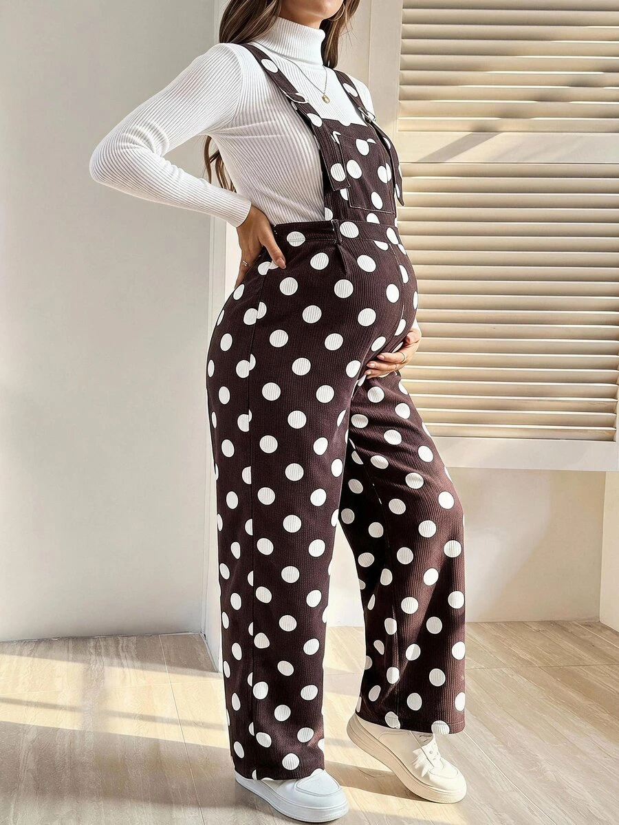 SHEIN 孕婦波點休閒日常穿搭連身褲 秋季 - 棕色 - 查看 1