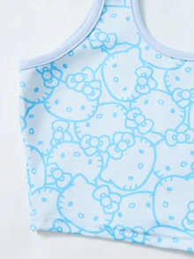 Maija Kids HELLO KITTY AND FRIENDS | SHEIN Maija Kids 3件組 青少年女孩休閒優雅可愛精緻舒適寬鬆針織卡通圖案淺藍色開襟外套、印花背心與藍色運動騎行短褲運動套裝，適合返校、外出、休閒運動，適用於秋冬 - 淺藍色 - 查看 5