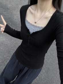 DAZY 女士休闲简约 T 恤、时尚日常穿着、秋季长袖女上衣、秋季女装 - 黑色 - 查看 7