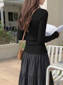DAZY 女士休闲简约 T 恤、时尚日常穿着、秋季长袖女上衣、秋季女装 - 黑色 - 查看 2