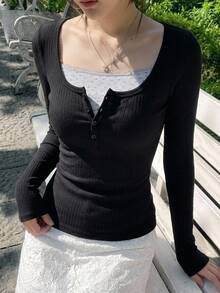 DAZY 女士休闲简约 T 恤、时尚日常穿着、秋季长袖女上衣、秋季女装 - 黑色 - 查看 3
