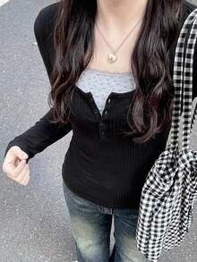 DAZY 女士休闲简约 T 恤、时尚日常穿着、秋季长袖女上衣、秋季女装 - 黑色 - 查看 9