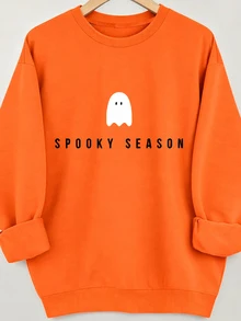 EMERY ROSE Plus Size Halloween Sweatshirt, Casual Autumn/Winter Pullover, Crew Neck Long Sleeve Sweatshirt, Vacation Vibe Fall - Orange - View 3