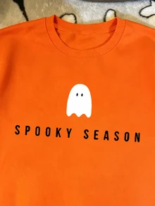 EMERY ROSE Plus Size Halloween Sweatshirt, Casual Autumn/Winter Pullover, Crew Neck Long Sleeve Sweatshirt, Vacation Vibe Fall - Orange - View 4