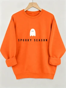 EMERY ROSE Plus Size Halloween Sweatshirt, Casual Autumn/Winter Pullover, Crew Neck Long Sleeve Sweatshirt, Vacation Vibe Fall - Orange - View 1