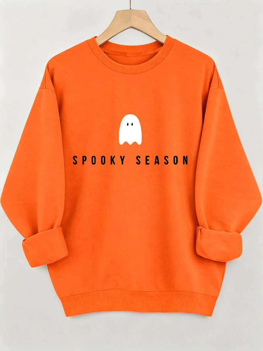 EMERY ROSE Plus Size Halloween Sweatshirt, Casual Autumn/Winter Pullover, Crew Neck Long Sleeve Sweatshirt, Vacation Vibe Fall - Orange - View 1