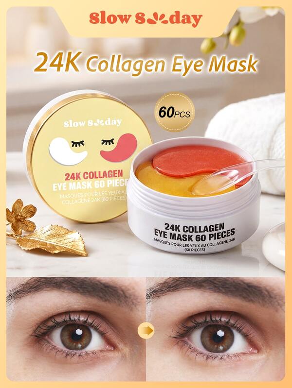 Slow Sunday 24K Collageen Oogmasker 60 Stuks, Vermindert Ogenzakken, Opzwellen & Donkere Kringen, Voor Voorhoofd, Nasolabiale Plooien, Nek, Verbetert Elasticiteit, Gladde Huid, Koreaans Collageen Geleimasker, Geschikt Voor Zomer & Herfst, Terug Naar School
