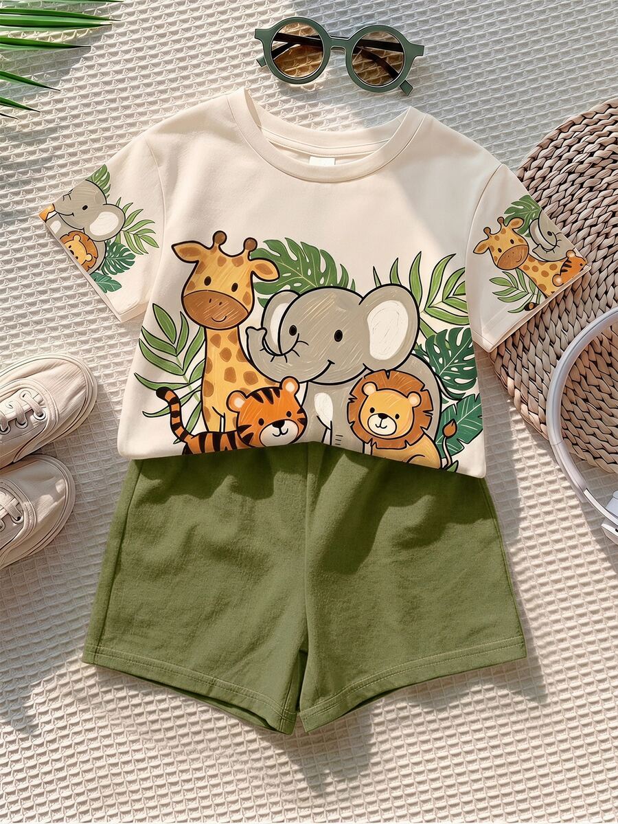 Baby Boy Animal Cartoon Graphic Short Sleeve Tee - Multicolor - View 1