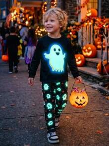 Bubblio 2pcs Kids Young Boy Casual Fun Cartoon Print Halloween Crew Neck Long Sleeve Loose Fit Knit T-Shirt 2-Piece Set - Multicolor - View 1