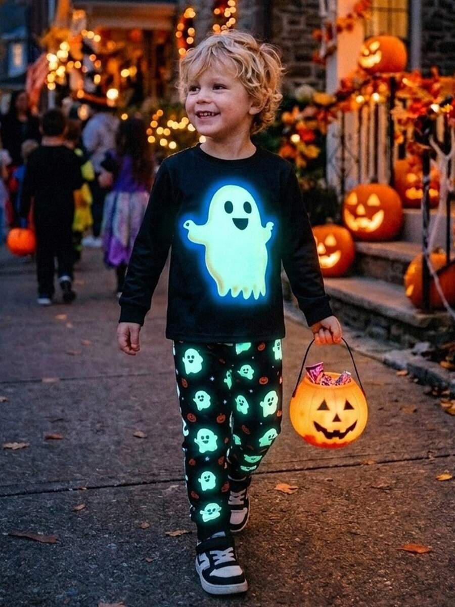 Bubblio 2pcs Kids Young Boy Casual Fun Cartoon Print Halloween Crew Neck Long Sleeve Loose Fit Knit T-Shirt 2-Piece Set - Multicolor - View 1