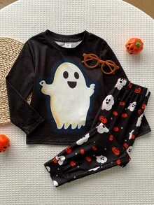 Bubblio 2pcs Kids Young Boy Casual Fun Cartoon Print Halloween Crew Neck Long Sleeve Loose Fit Knit T-Shirt 2-Piece Set - Multicolor - View 2