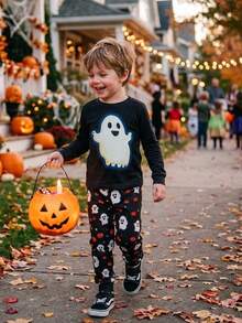 Bubblio 2pcs Kids Young Boy Casual Fun Cartoon Print Halloween Crew Neck Long Sleeve Loose Fit Knit T-Shirt 2-Piece Set - Multicolor - View 3
