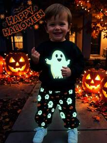 Bubblio 2pcs Kids Young Boy Casual Fun Cartoon Print Halloween Crew Neck Long Sleeve Loose Fit Knit T-Shirt 2-Piece Set - Multicolor - View 4