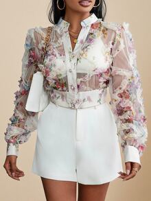 BELROSIE Blusa de manga larga con botones y estampado aleatorio, blusas de manga larga para mujeres - Multicolor - Ver 6
