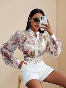 BELROSIE Blusa de manga larga con botones y estampado aleatorio, blusas de manga larga para mujeres - Multicolor - Ver 4