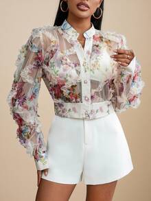 BELROSIE Blusa de manga larga con botones y estampado aleatorio, blusas de manga larga para mujeres - Multicolor - Ver 2