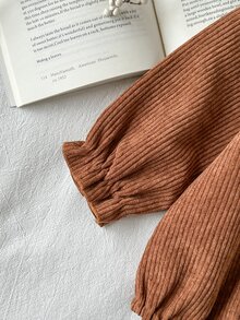 SHEIN 女嬰春秋燈芯絨蕾絲領泰迪熊圖案長袖連身衣，復古可愛家庭套裝甜美風棕色節日拍照款 - 卡其色 - 查看 7