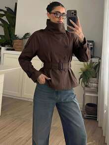 Lumalex 女款秋冬優雅極簡休閒經典辦公旅行復古深棕色立領雙排扣收腰風衣大衣 - 咖啡棕 - 查看 2