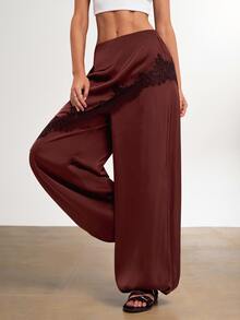 Briarwyn 棕色蕾絲飾邊休閒女款長褲，適合日常穿著、外出、聚會與運動，春夏秋冬四季皆宜 - 咖啡棕 - 查看 4