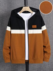 SHEIN 大童男孩休閒舒適拼接連帽字母圖案運動衫外套，適合春夏秋冬，完美適用戶外玩耍、學校、街頭風、派對與居家休閒，超值之選 - 彩色 - 查看 1