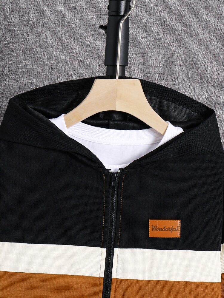 SHEIN Tween Boy Casual Comfortable Patchwork Hooded Letter Graphic Sweatshirt Jacket, Suitable For Spring, Summer, Autumn, Winter, Perfect For Outdoor Play, School, Street Style, Party And Home Leisure, Great Value - Multicolor - View 6