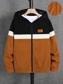 SHEIN 大童男孩休閒舒適拼接連帽字母圖案運動衫外套，適合春夏秋冬，完美適用戶外玩耍、學校、街頭風、派對與居家休閒，超值之選 - 彩色 - 查看 3