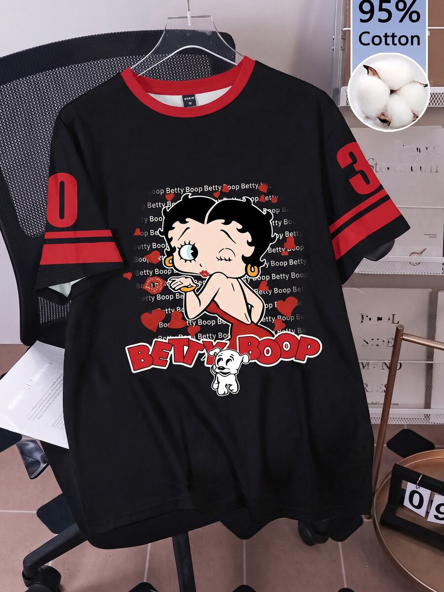 Betty Boop x SHEIN SHEIN EZwear 95%棉卡通印花女款短袖T恤,適合夏季 - 彩色 - 查看 1