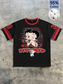 Betty Boop x SHEIN SHEIN EZwear 95%棉卡通印花女款短袖T恤，適合夏季 - 彩色 - 查看 8