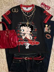 Betty Boop x SHEIN SHEIN EZwear 95%棉卡通印花女款短袖T恤，適合夏季 - 彩色 - 查看 2