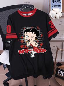 Betty Boop x SHEIN SHEIN EZwear 95%棉卡通印花女款短袖T恤，適合夏季 - 彩色 - 查看 6