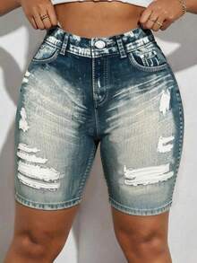 Maweii Plus Size Women Pockets Button Distressed Design Casual Versatile Daily Wear Shorts - Multicolor - View 3