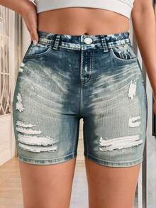 Maweii Plus Size Women Pockets Button Distressed Design Casual Versatile Daily Wear Shorts - Multicolor - View 6