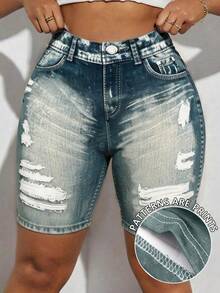 Maweii Plus Size Women Pockets Button Distressed Design Casual Versatile Daily Wear Shorts - Multicolor - View 1