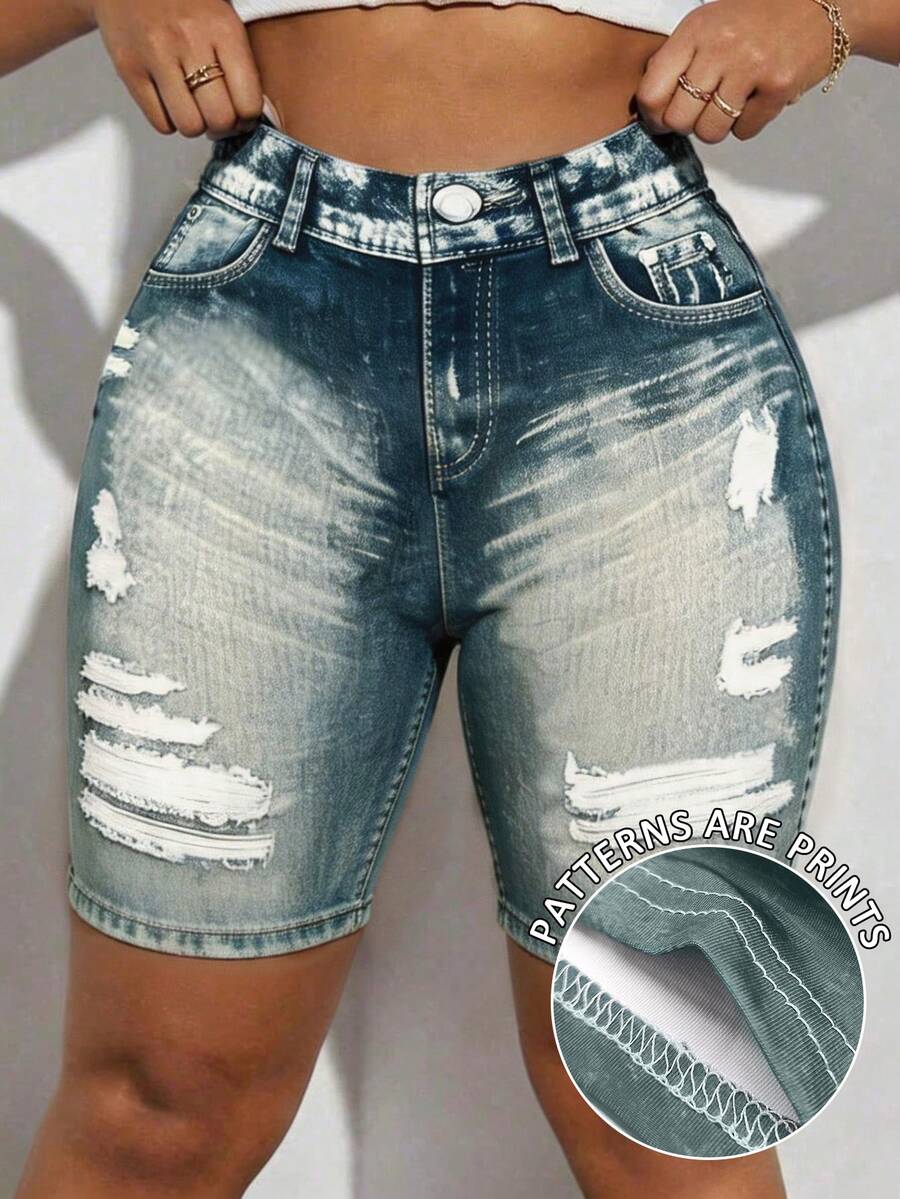 Maweii Plus Size Women Pockets Button Distressed Design Casual Versatile Daily Wear Shorts - Multicolor - View 1