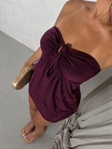 Allurite Purple Shimmer Knit Bandeau Bodycon Mini Dress Drawstring Ruched Y2K Flirty Outfit For Homecoming Bachelorette Night Club Date Party Ibiza Miami Beach - Purple - View 2