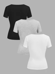SHEIN EZwear 3件組女款休閒深V領修身短袖T恤，34%棉，夏季服飾，街頭風，適合日常通勤、約會、派對、秋冬/夏季、婚禮、海灘、畢業典禮，優雅休閒，適合出遊、Y2K、音樂節穿搭、度假服飾、開學服飾 - 彩色 - 查看 3