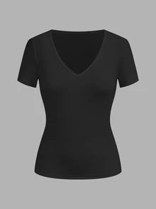 SHEIN EZwear 3件組女款休閒深V領修身短袖T恤，34%棉，夏季服飾，街頭風，適合日常通勤、約會、派對、秋冬/夏季、婚禮、海灘、畢業典禮，優雅休閒，適合出遊、Y2K、音樂節穿搭、度假服飾、開學服飾 - 彩色 - 查看 8