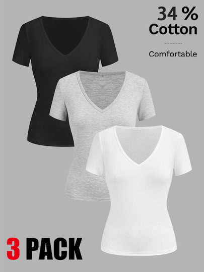 SHEIN EZwear 3개 여성용 캐주얼 딥 브이넥 피팅 반팔 티셔츠, 34% 면, 여름 의류, 여름 의류, 스트릿웨어, 일상 출퇴근, 데이트, 파티, 가을/겨울, 여름, 파티, 결혼식, 해변, 졸업식, 우아한, 캐주얼, 외출, Y2K, 음악 축제 의상, 휴가 의류, 개학 의류에 적합